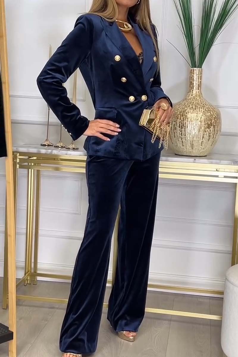 Autumn Winter Velvet Long Sleeved Women's Outfits Casual Solid Color Straight Pants Suit Office Lady Double Breasted Blazer Set
