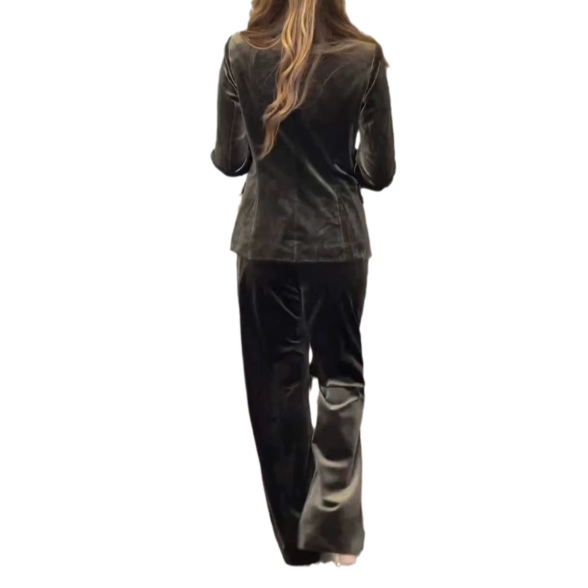 Autumn Winter Velvet Long Sleeved Women's Outfits Casual Solid Color Straight Pants Suit Office Lady Double Breasted Blazer Set