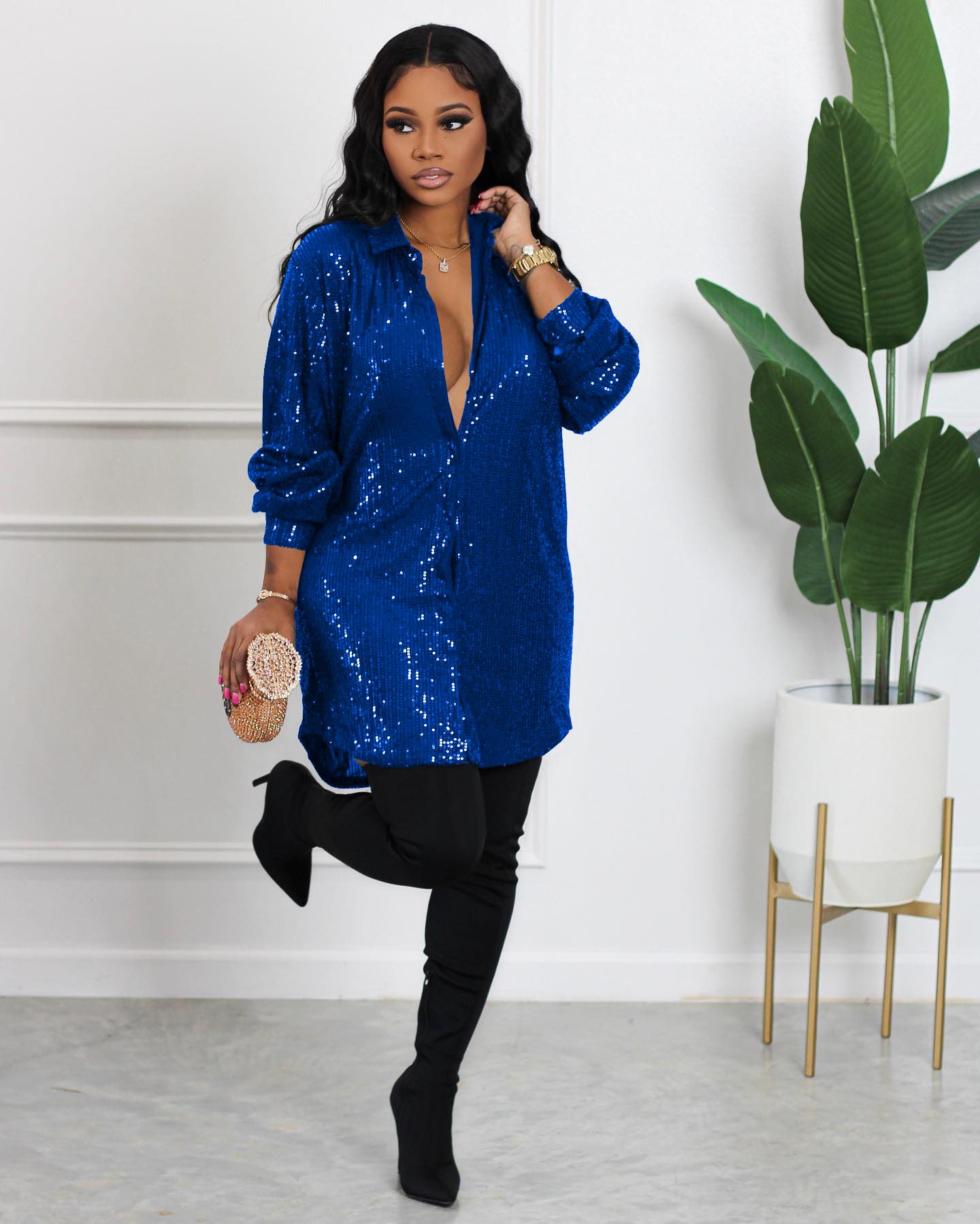 Sequins Long Sleeve Loose Buttons Shiny Sequin Women Shirt Dress Summer Button-up Mid Length Cardigan Blouse Mini Dress