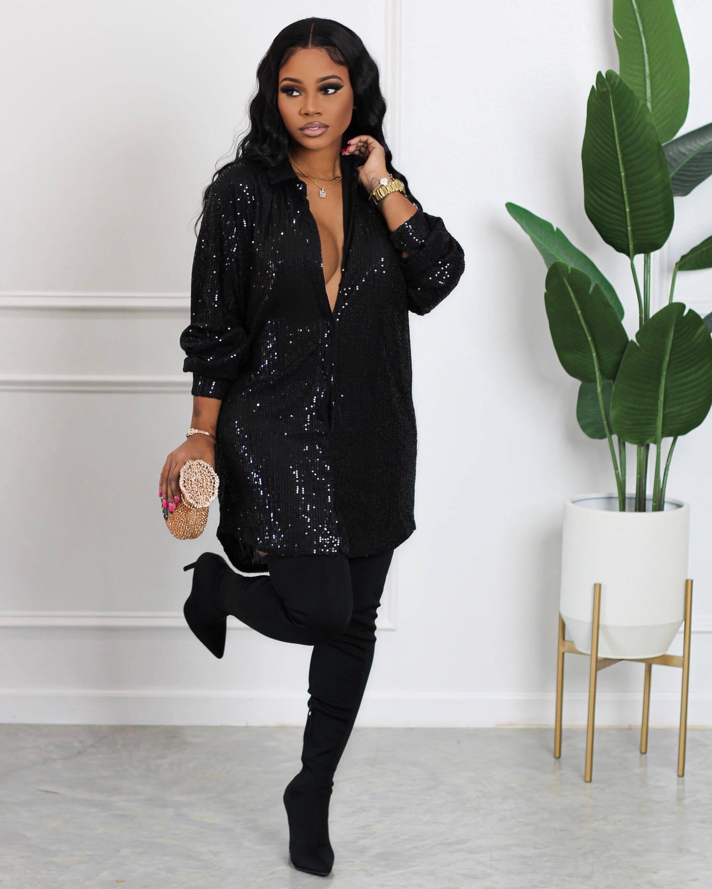 Sequins Long Sleeve Loose Buttons Shiny Sequin Women Shirt Dress Summer Button-up Mid Length Cardigan Blouse Mini Dress