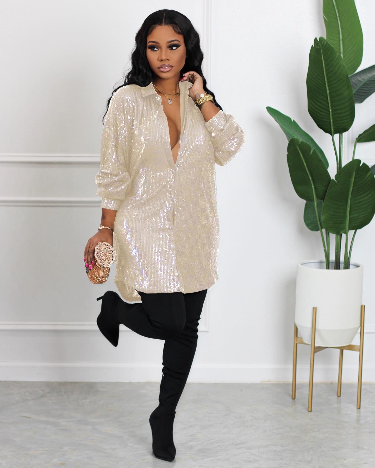 Sequins Long Sleeve Loose Buttons Shiny Sequin Women Shirt Dress Summer Button-up Mid Length Cardigan Blouse Mini Dress