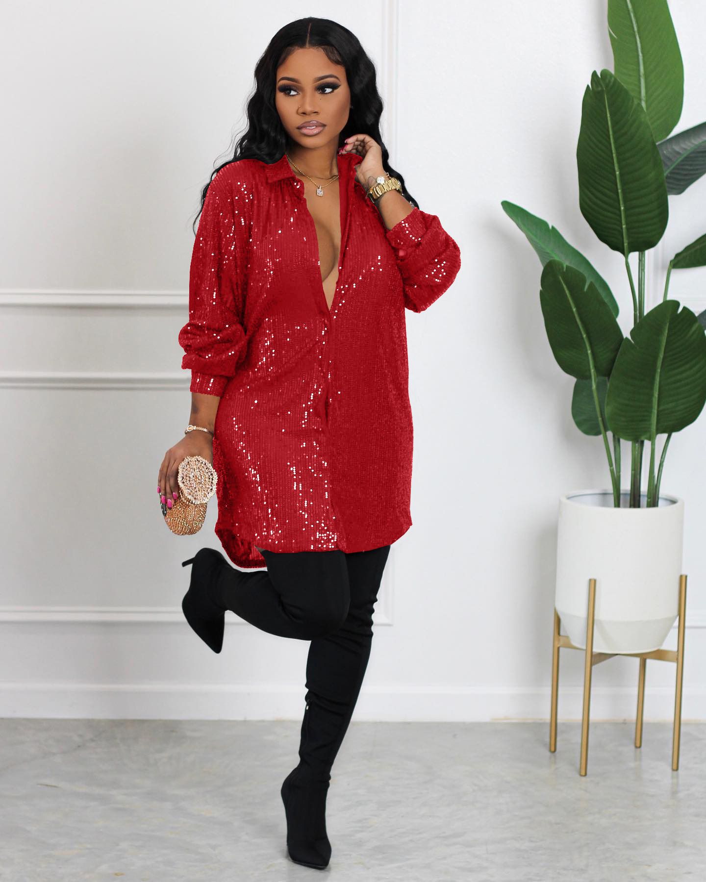 Sequins Long Sleeve Loose Buttons Shiny Sequin Women Shirt Dress Summer Button-up Mid Length Cardigan Blouse Mini Dress