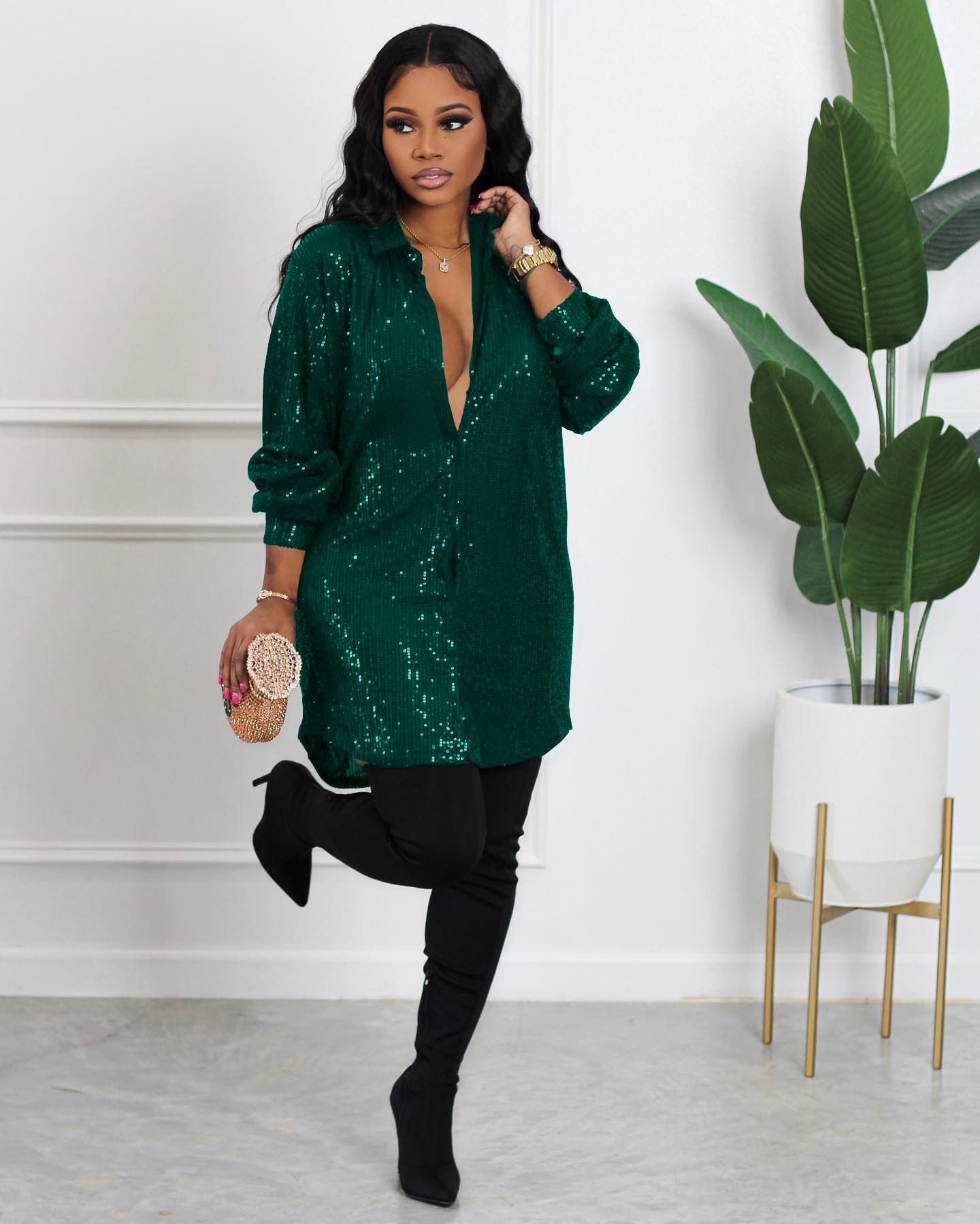 Sequins Long Sleeve Loose Buttons Shiny Sequin Women Shirt Dress Summer Button-up Mid Length Cardigan Blouse Mini Dress