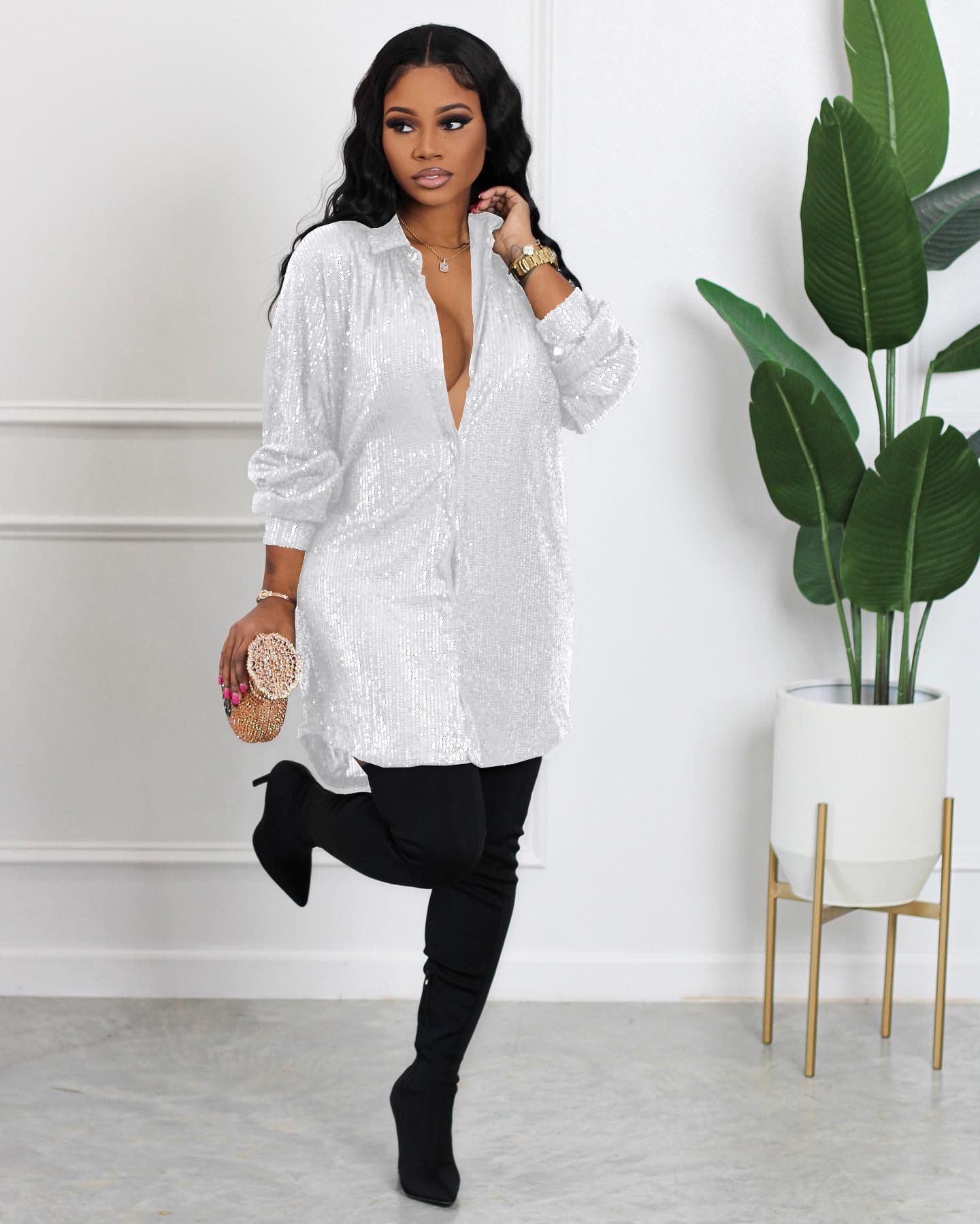 Sequins Long Sleeve Loose Buttons Shiny Sequin Women Shirt Dress Summer Button-up Mid Length Cardigan Blouse Mini Dress