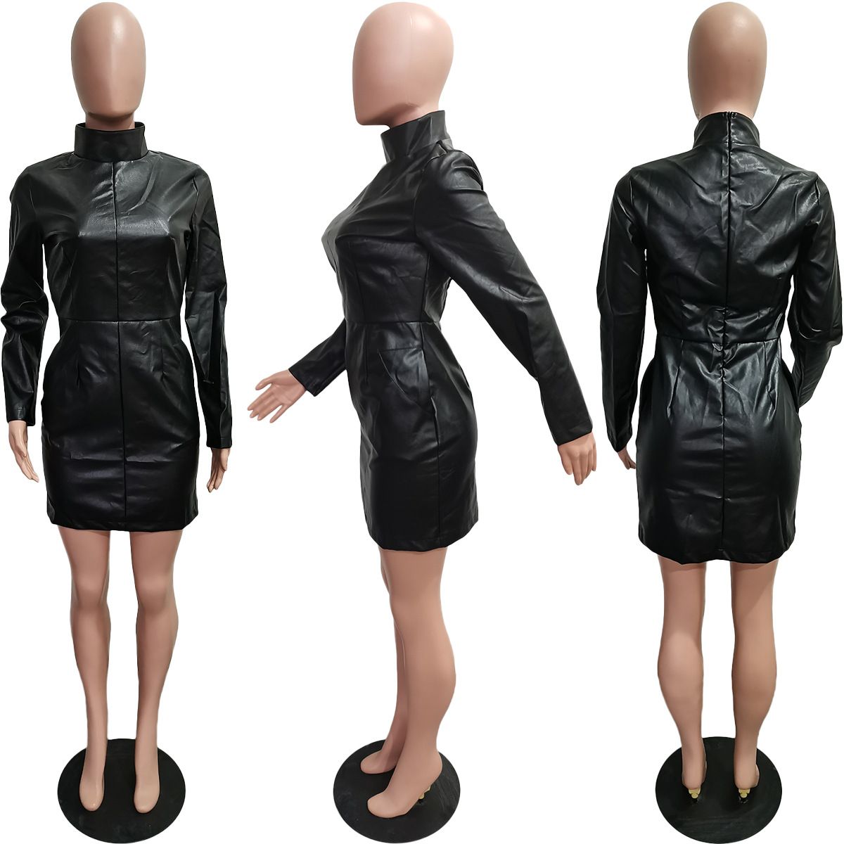 Women PU Faux Leather Stretchy Long Sleeve Zipper Fly Bodycon Midi Dress Evening Sexy Party Club Prom Black Dresses