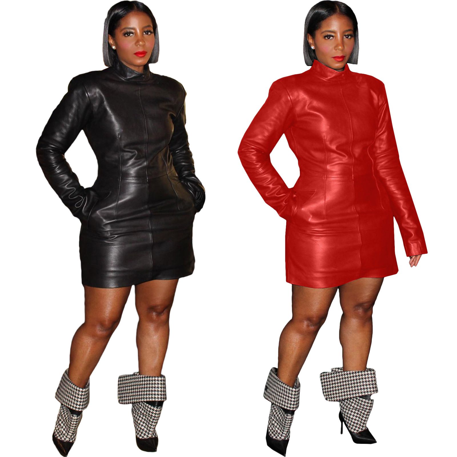 Women PU Faux Leather Stretchy Long Sleeve Zipper Fly Bodycon Midi Dress Evening Sexy Party Club Prom Black Dresses