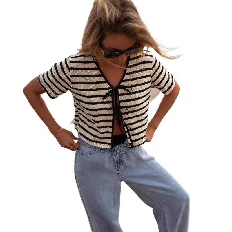 Cardigan Women Short Coats Sweaters V Neck Short Sleeve Casual Open Stitch Jumpers Coat Y2k Streetwear Striped Elegant