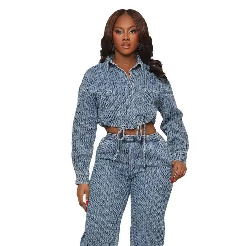 2 Piece Sets Women Denim Jacket Wide Leg Pants Jeans Suits Pockets Drawstring Coat Trousers Ensemble Streetwear Outfits