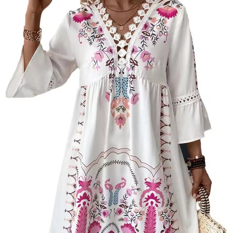 Vintage Floral Flare Sleeve Dress Elegant Hollow Out Lace V-neck Loose Mini Dress Boho Retro Beach Casual A-Line Dress Vestidos