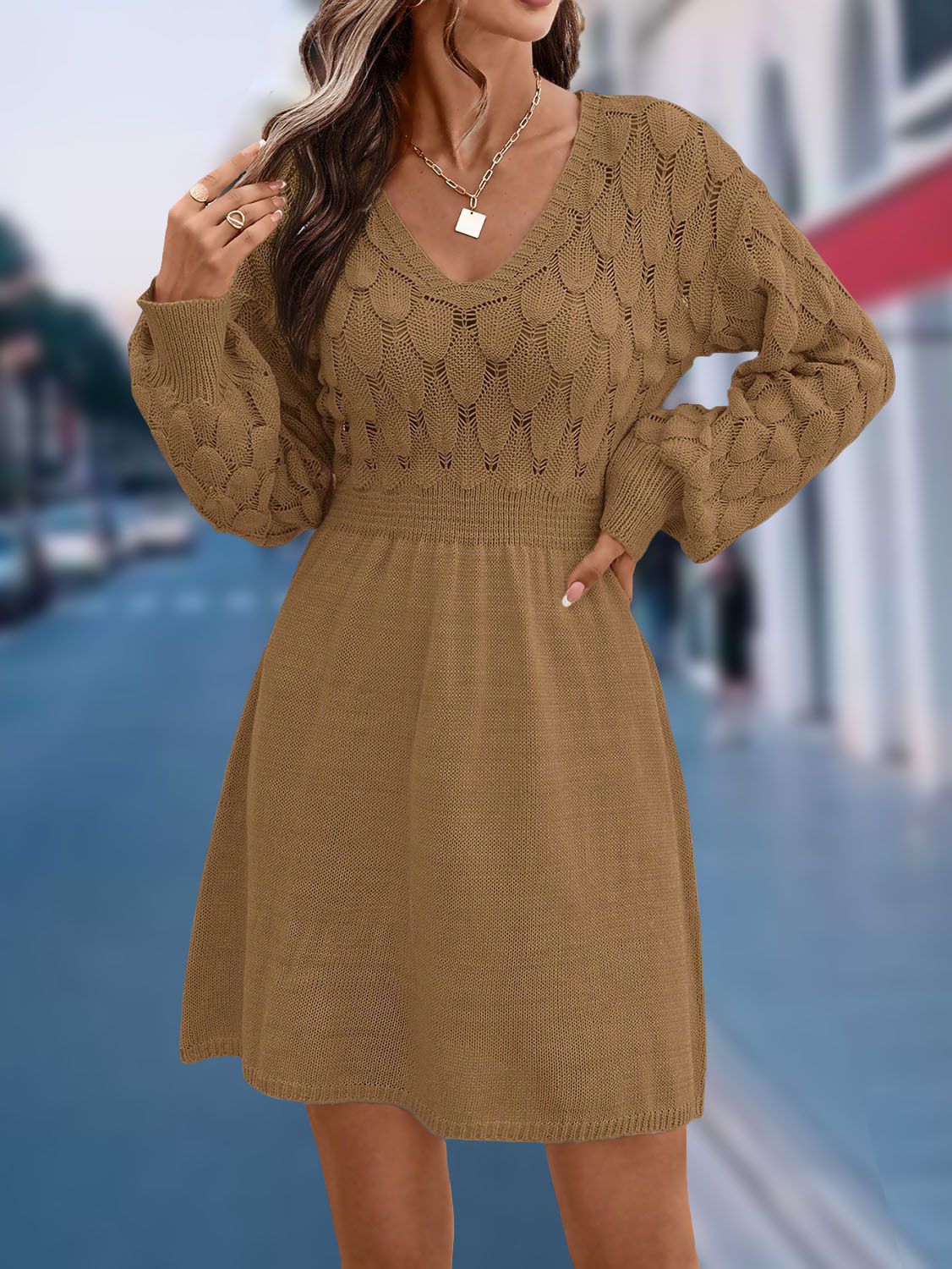 Women Autumn Winter Sweater Dresses V-neck 3D Crochet Knitted Long Pullovers Sweaters Dress Women's Clothing