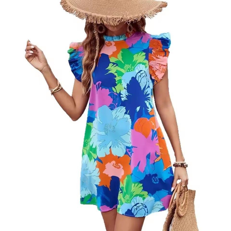 Elegant Casual Floral Print Women's Dress Elbow Sleeve Midi Skirt round Neckline Sleeveless Regular Waistline Summer New Arrival