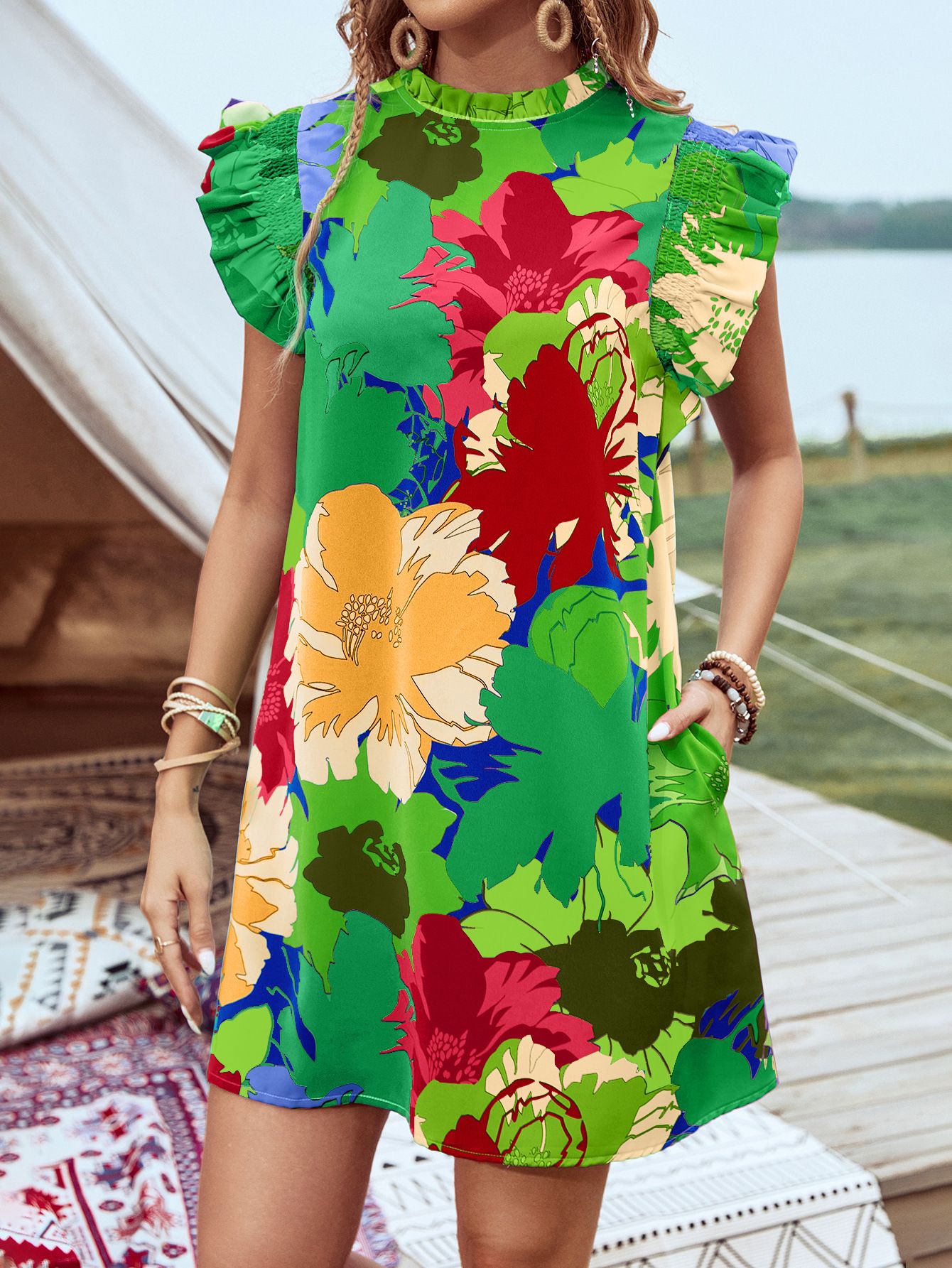 Elegant Casual Floral Print Women's Dress Elbow Sleeve Midi Skirt round Neckline Sleeveless Regular Waistline Summer New Arrival