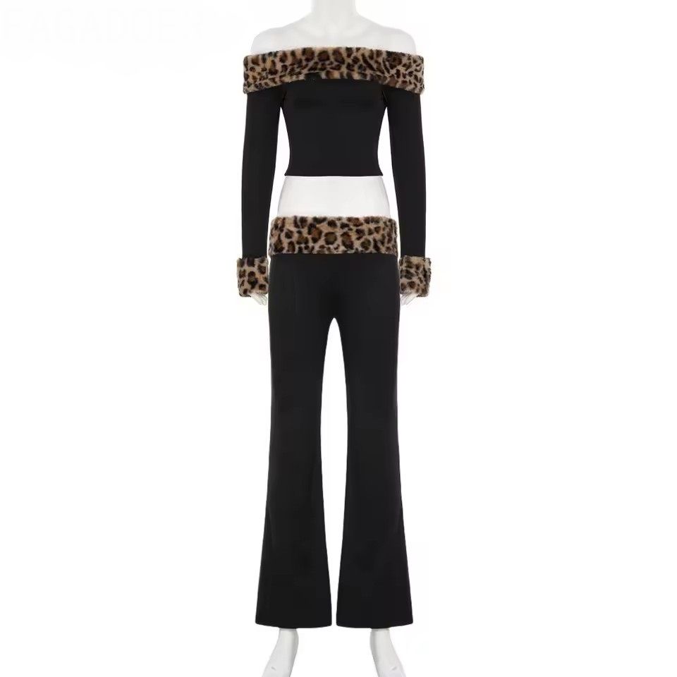 Sexy Leopard Print Fur Patchwork 2 Pieces Set for Woman Outfits Off Showlder Backless Crop Top+long pants Female Streetwear