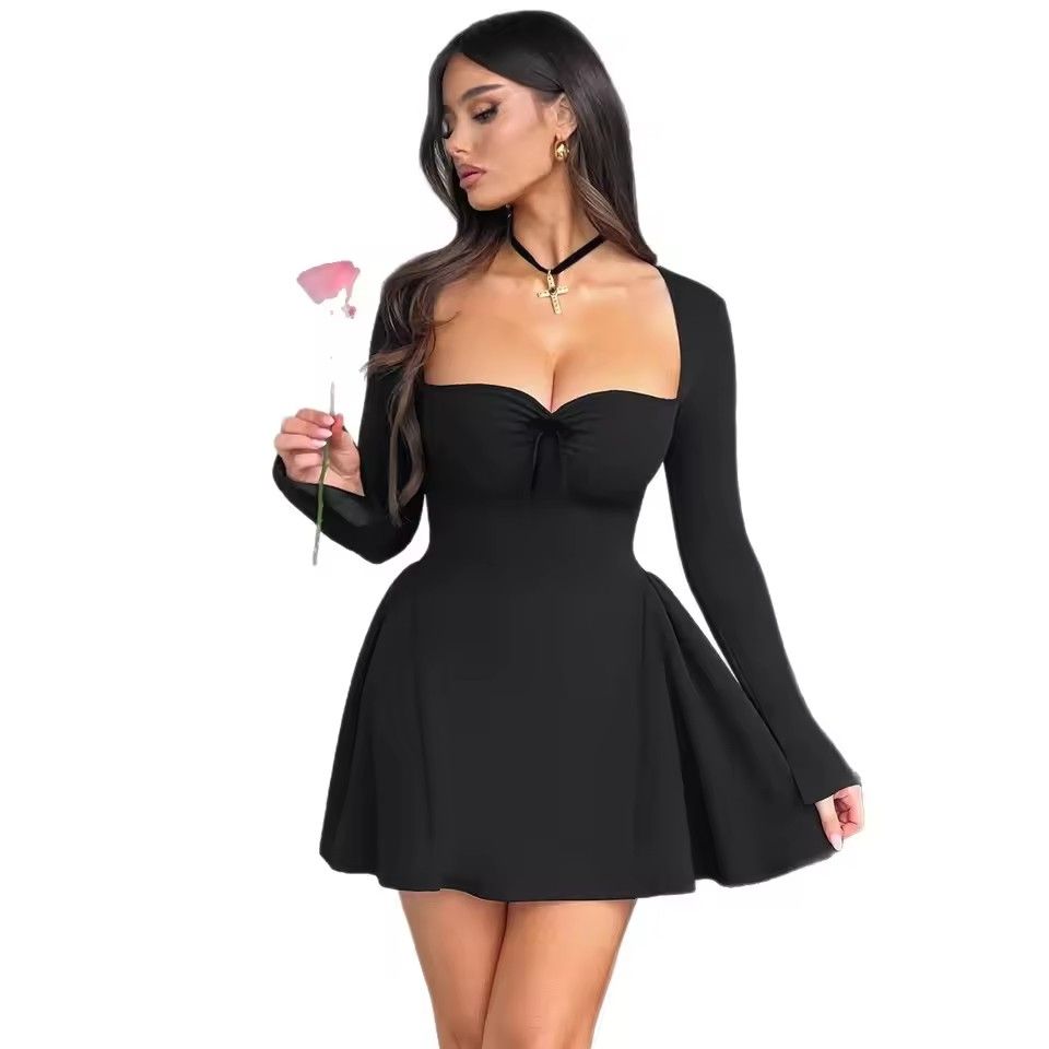 Spring Solid Long Sleeve Bow Sexy Slim Pleated Mini Prom Dress Women Elegant New Outfits Evening Party Birthday