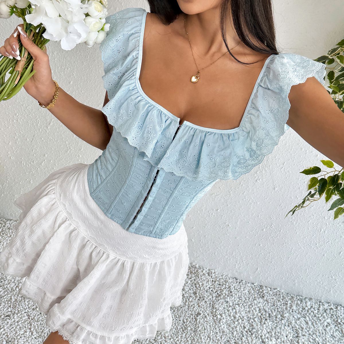 White Lace Ruffle Corset Short Vest For Women Elegant Backless Off Shoulder Cropped Shirts Female Summer Party Club Tops