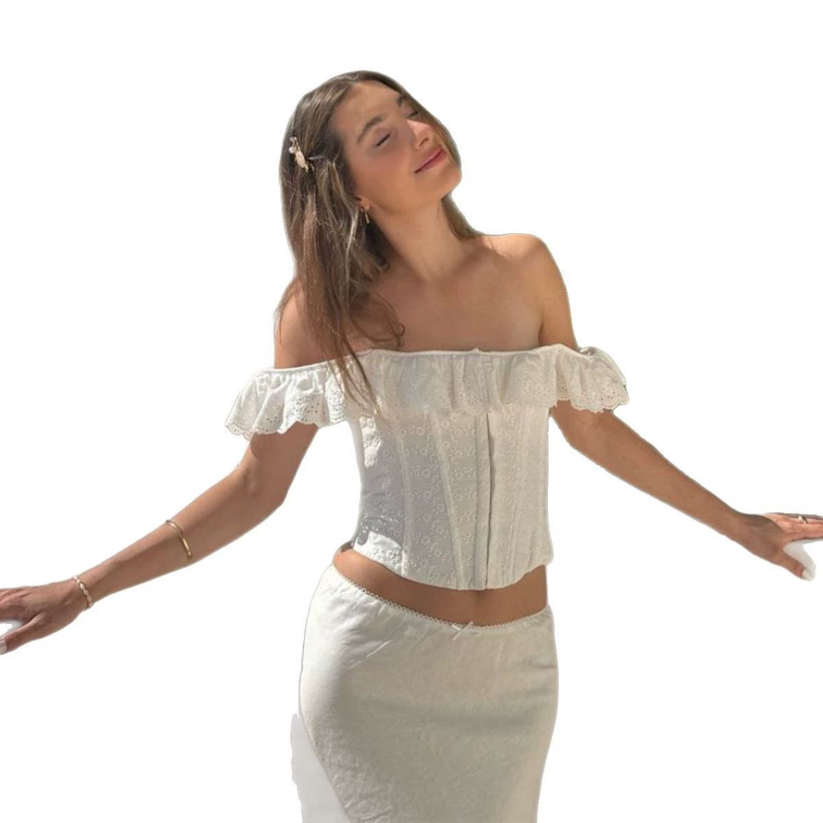White Lace Ruffle Corset Short Vest For Women Elegant Backless Off Shoulder Cropped Shirts Female Summer Party Club Tops
