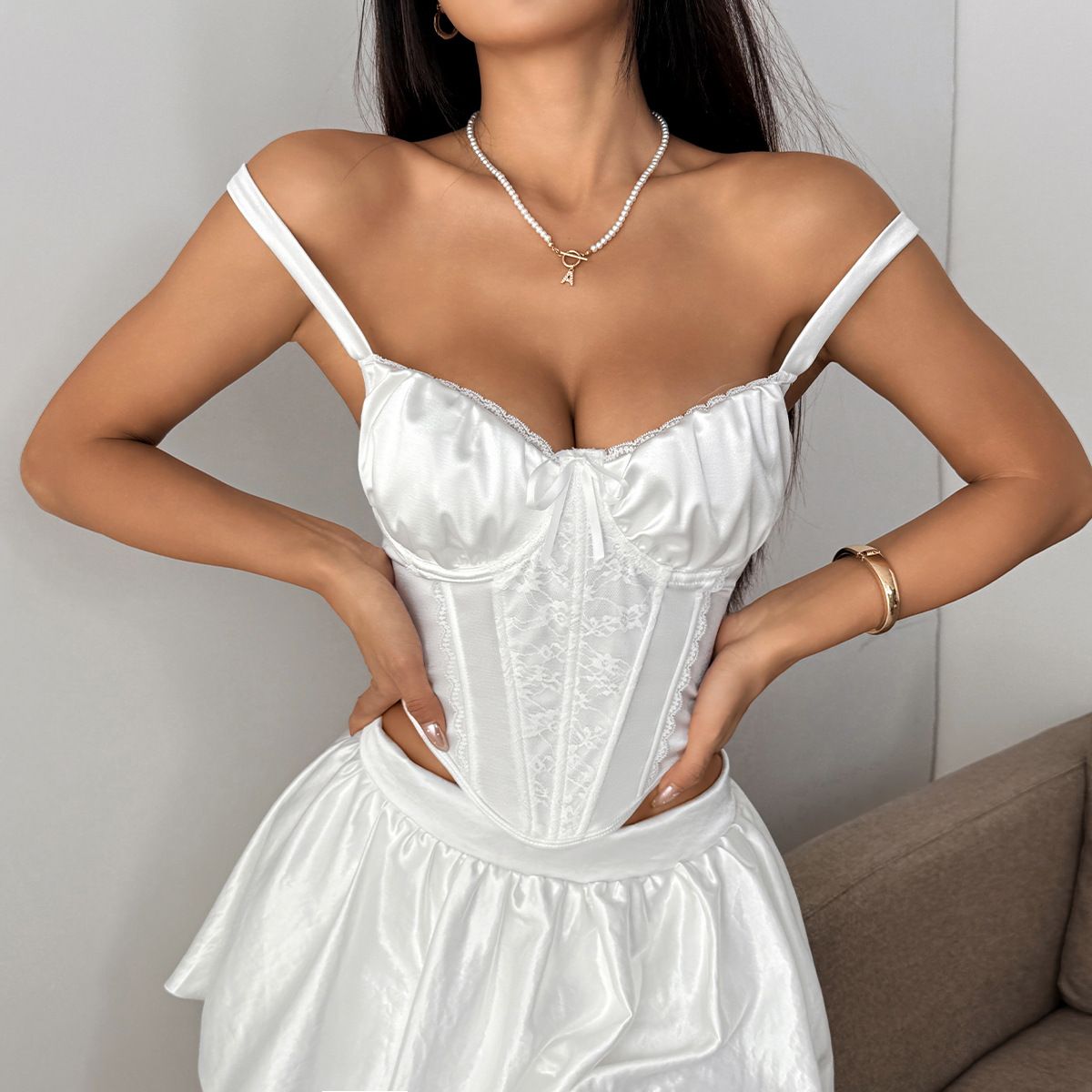 Lace Patchwork Bow Satin Camis Crop Tops Women Fashion Sexy Low Neck Spaghetti Straps Fishbone Slim Corset Tank Y2K Streetwear