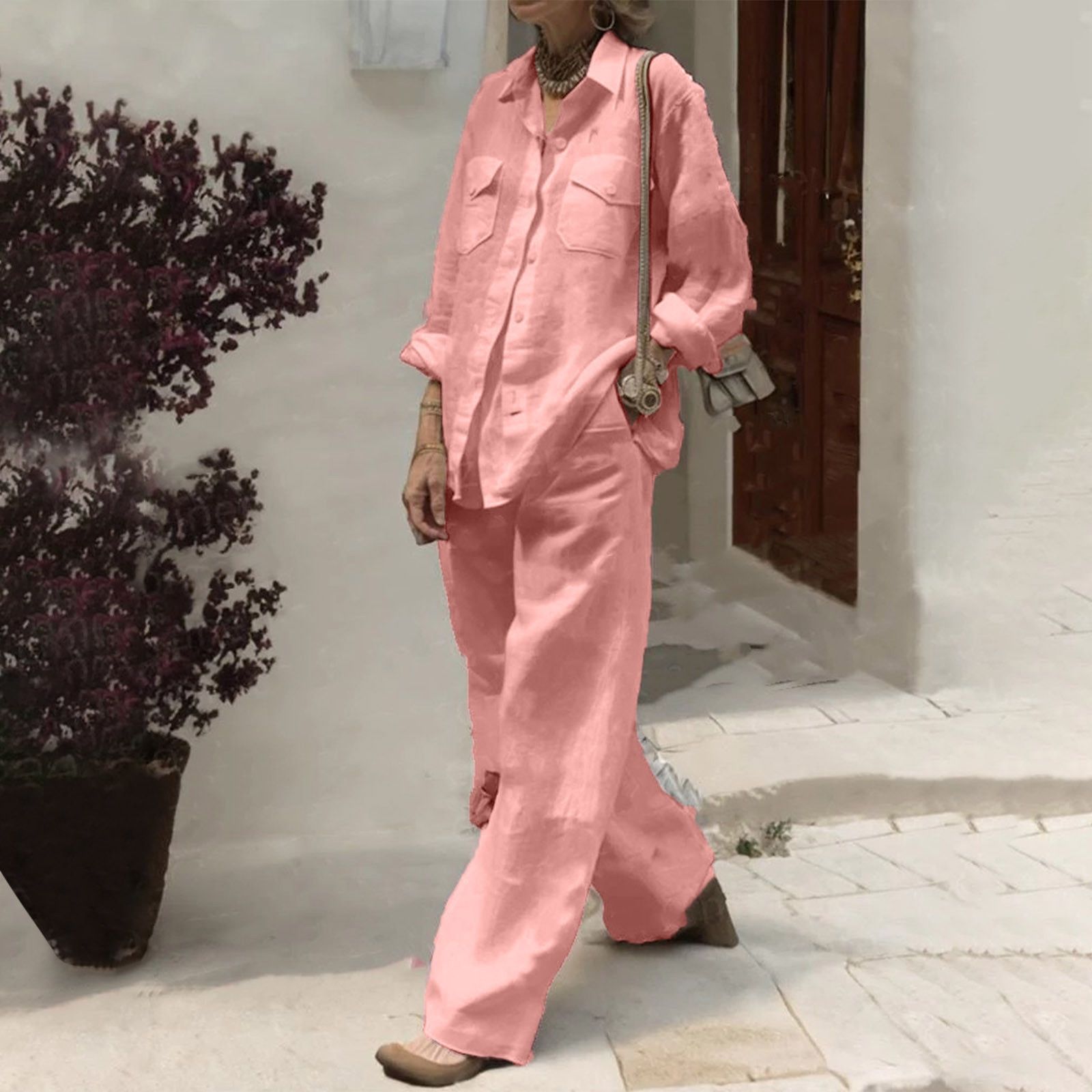 Fashion Solid Cotton Linen Shirt 2 Piece Set For Women Autumn Long Sleeve Blouse Top Pockets Pants Suit Female Casual Outfits