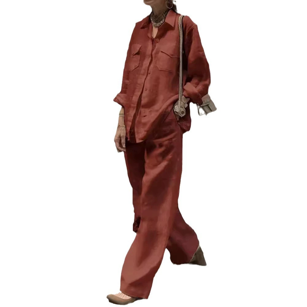 Fashion Solid Cotton Linen Shirt 2 Piece Set For Women Autumn Long Sleeve Blouse Top Pockets Pants Suit Female Casual Outfits