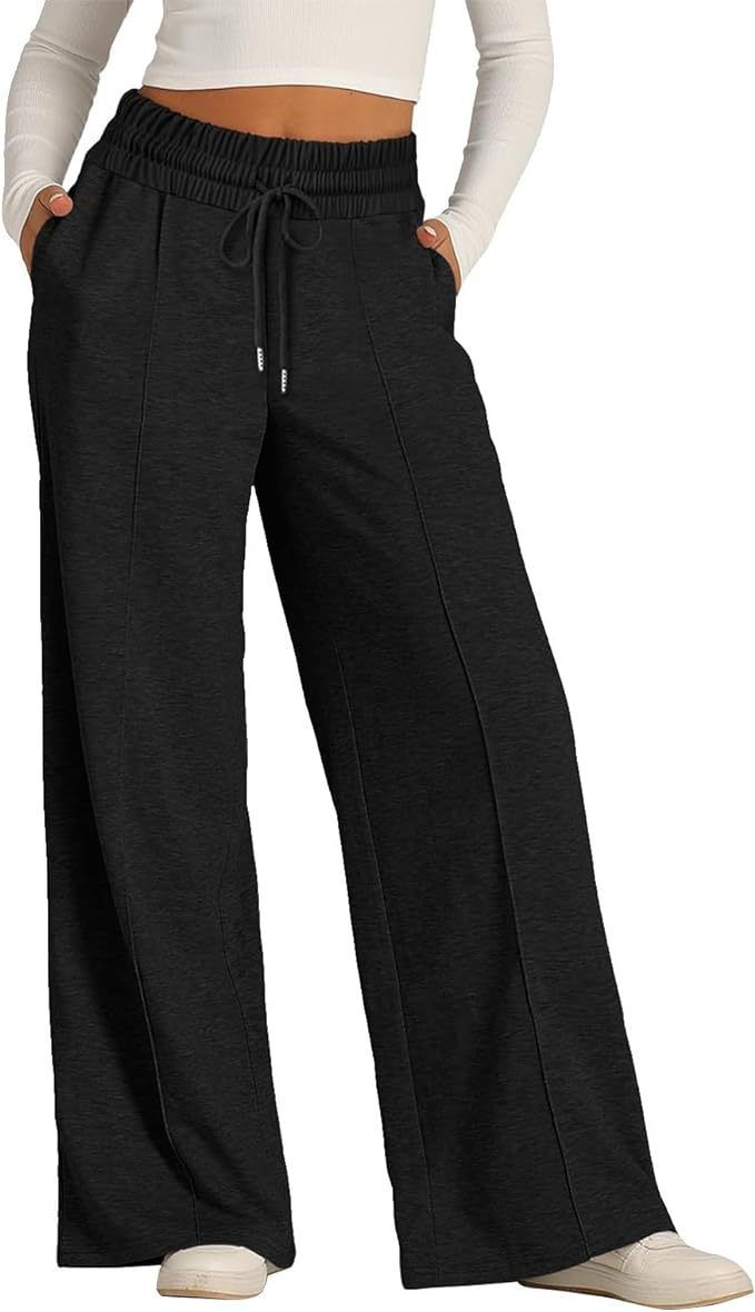 Women's Solid Color Casual Wide Leg Drawstring Elastic Waist Sweatpants Fashion Outerwear Pants