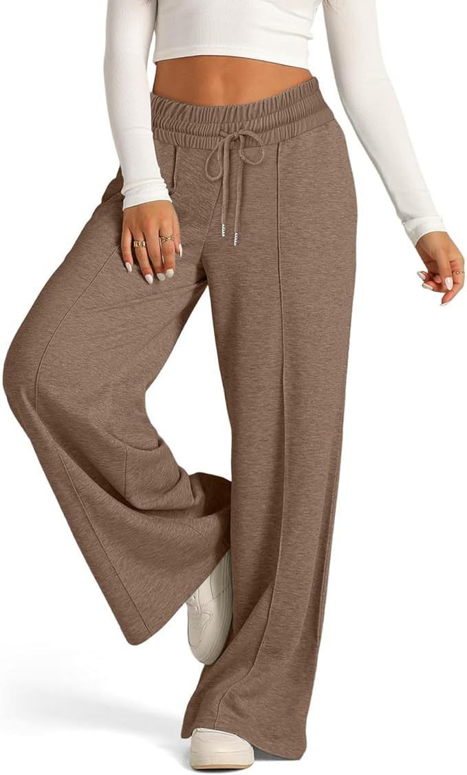 Women's Solid Color Casual Wide Leg Drawstring Elastic Waist Sweatpants Fashion Outerwear Pants