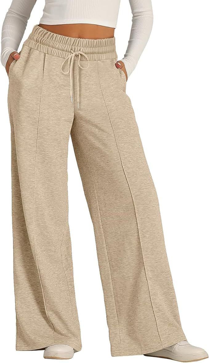 Women's Solid Color Casual Wide Leg Drawstring Elastic Waist Sweatpants Fashion Outerwear Pants