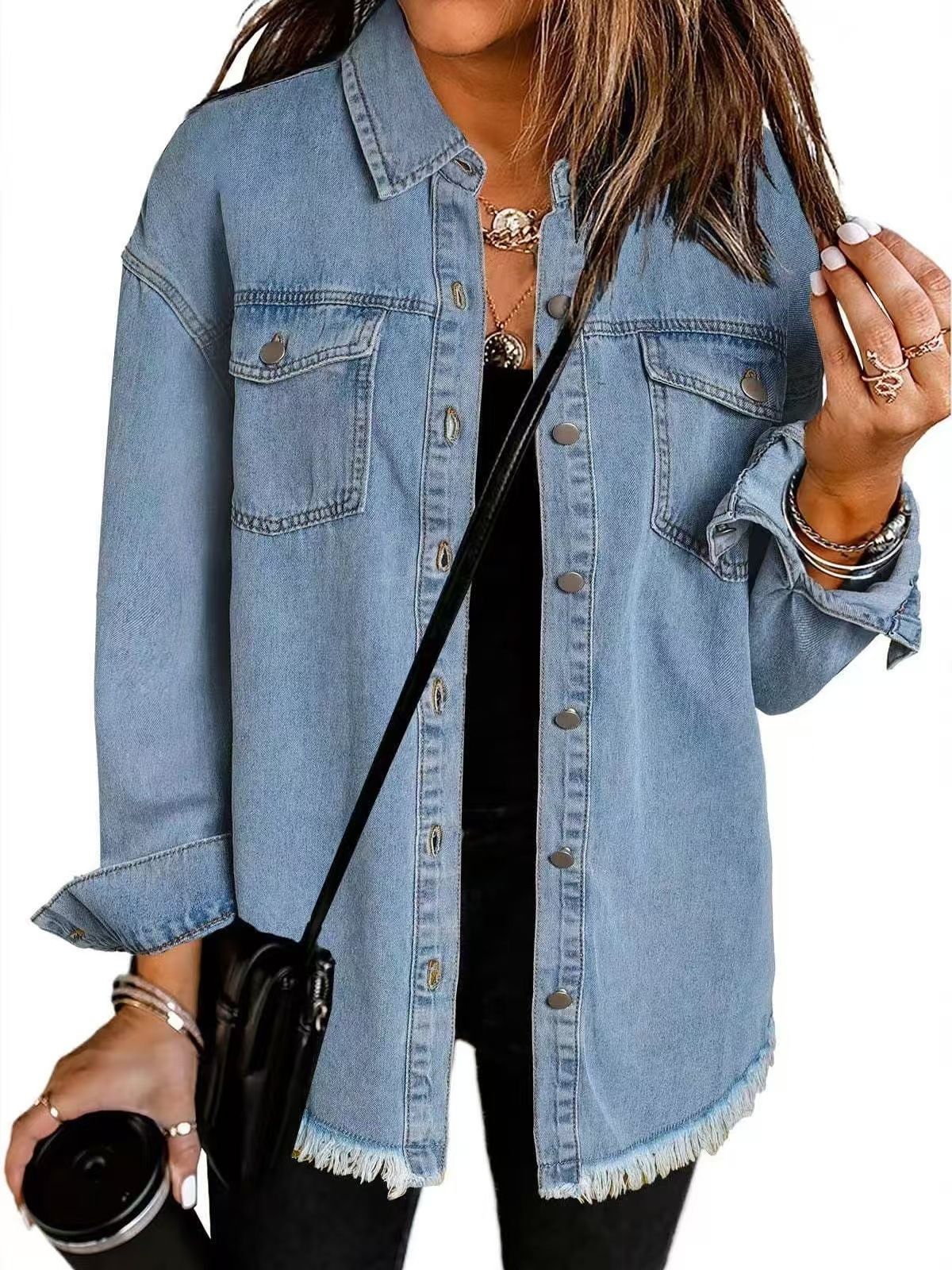 Washed Denim Jacket Women Autumn Tassel Lapel Jeans Jacket Female Casual Loose Long Sleeve Single Breasted Outerwear Shirts Coat