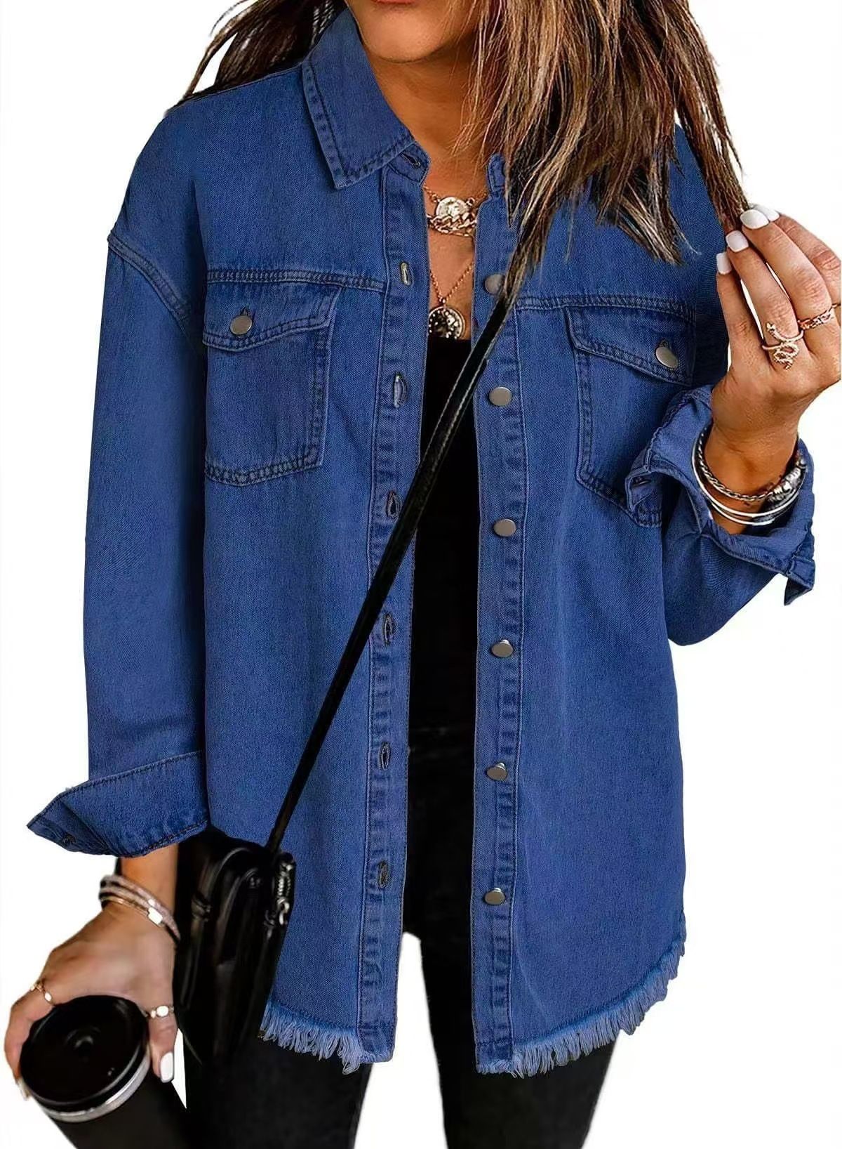 Washed Denim Jacket Women Autumn Tassel Lapel Jeans Jacket Female Casual Loose Long Sleeve Single Breasted Outerwear Shirts Coat