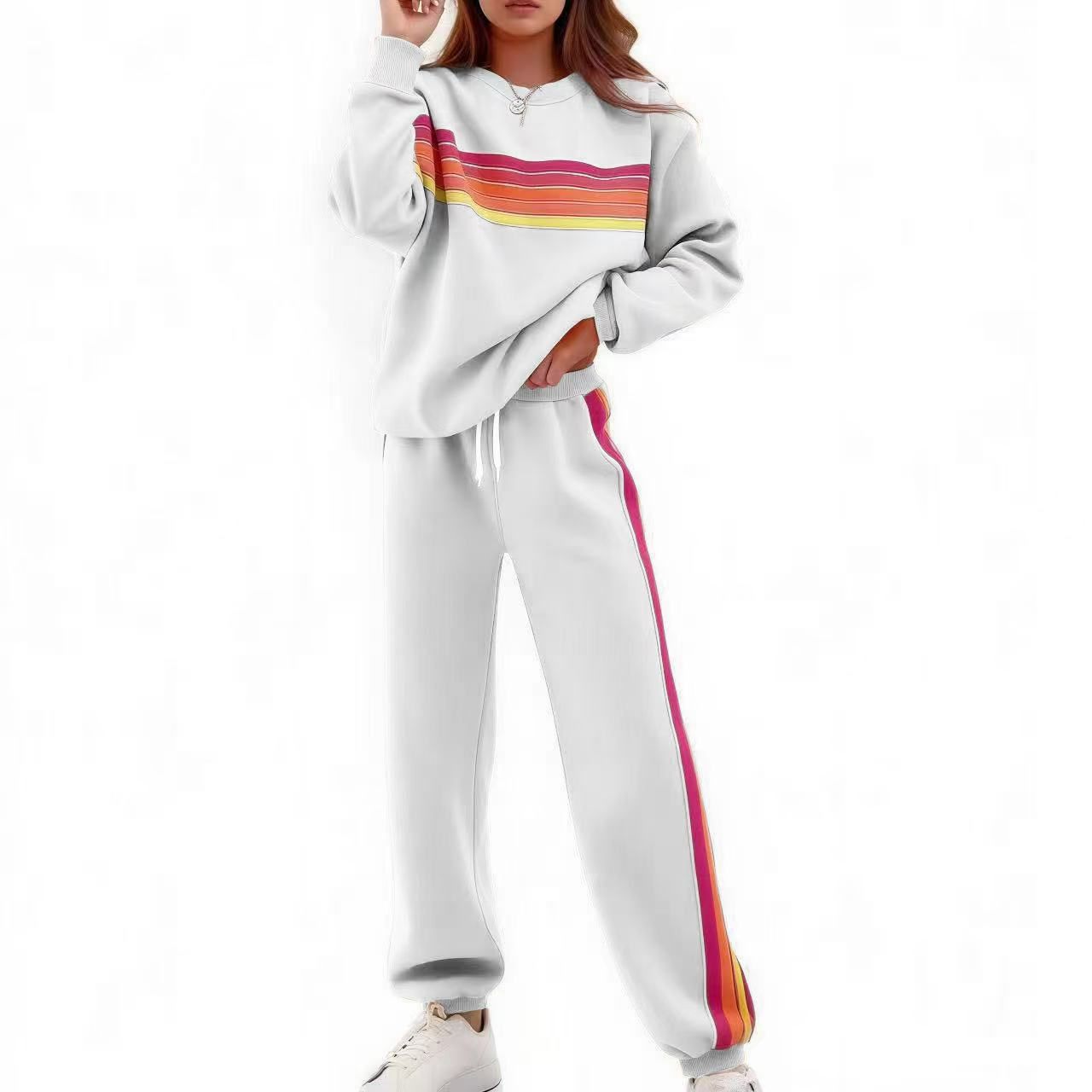 Elegant Striped Top Pants Set Women Casual Long Sleeve O-neck Pullover Drawstring Wide Leg Long Trousers Fashion Suit Outfit