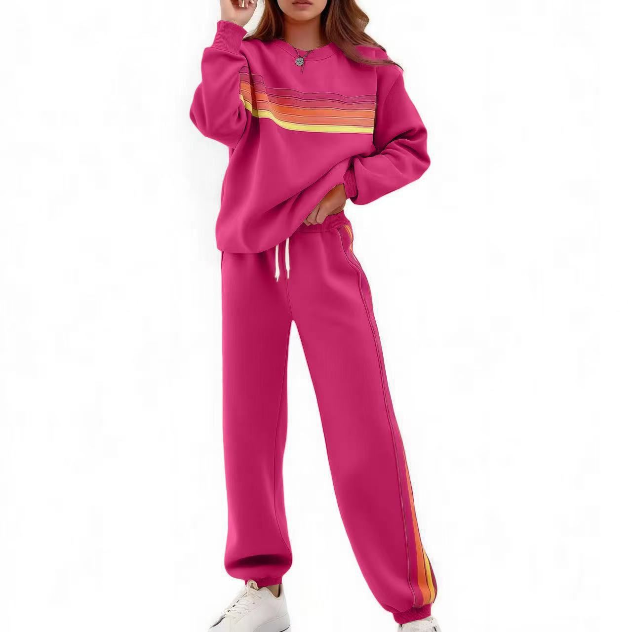 Elegant Striped Top Pants Set Women Casual Long Sleeve O-neck Pullover Drawstring Wide Leg Long Trousers Fashion Suit Outfit