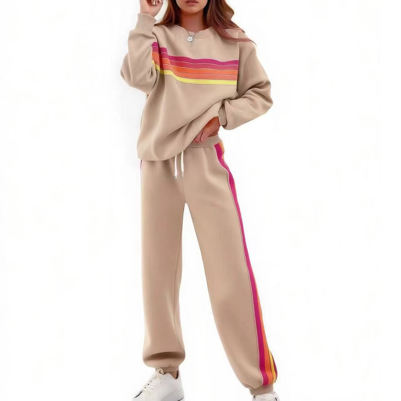 Elegant Striped Top Pants Set Women Casual Long Sleeve O-neck Pullover Drawstring Wide Leg Long Trousers Fashion Suit Outfit