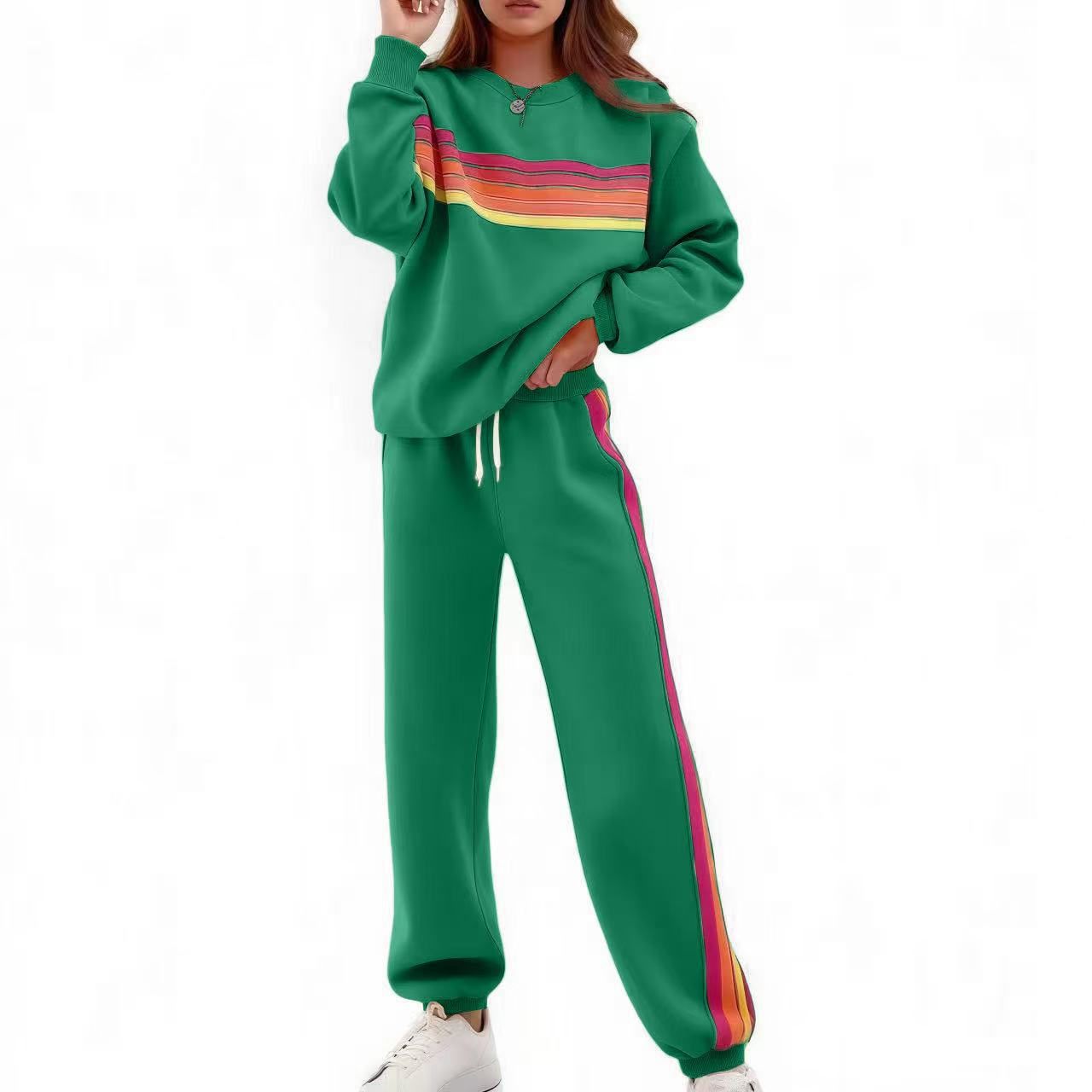 Elegant Striped Top Pants Set Women Casual Long Sleeve O-neck Pullover Drawstring Wide Leg Long Trousers Fashion Suit Outfit