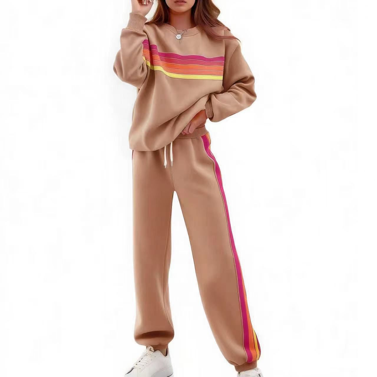 Elegant Striped Top Pants Set Women Casual Long Sleeve O-neck Pullover Drawstring Wide Leg Long Trousers Fashion Suit Outfit