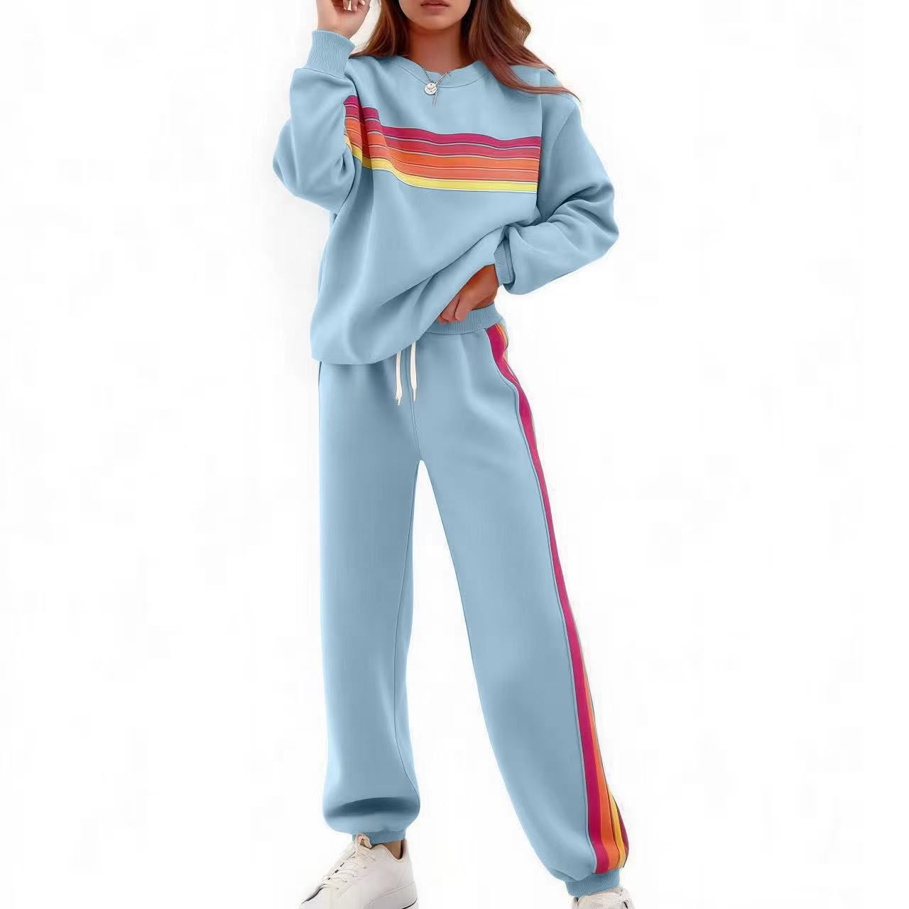 Elegant Striped Top Pants Set Women Casual Long Sleeve O-neck Pullover Drawstring Wide Leg Long Trousers Fashion Suit Outfit