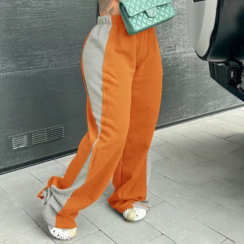 Color Blocked Elastic Waist Straight Leg Wide Leg Sweatpants High Waist Comfortable Casual Sports Pants For Women