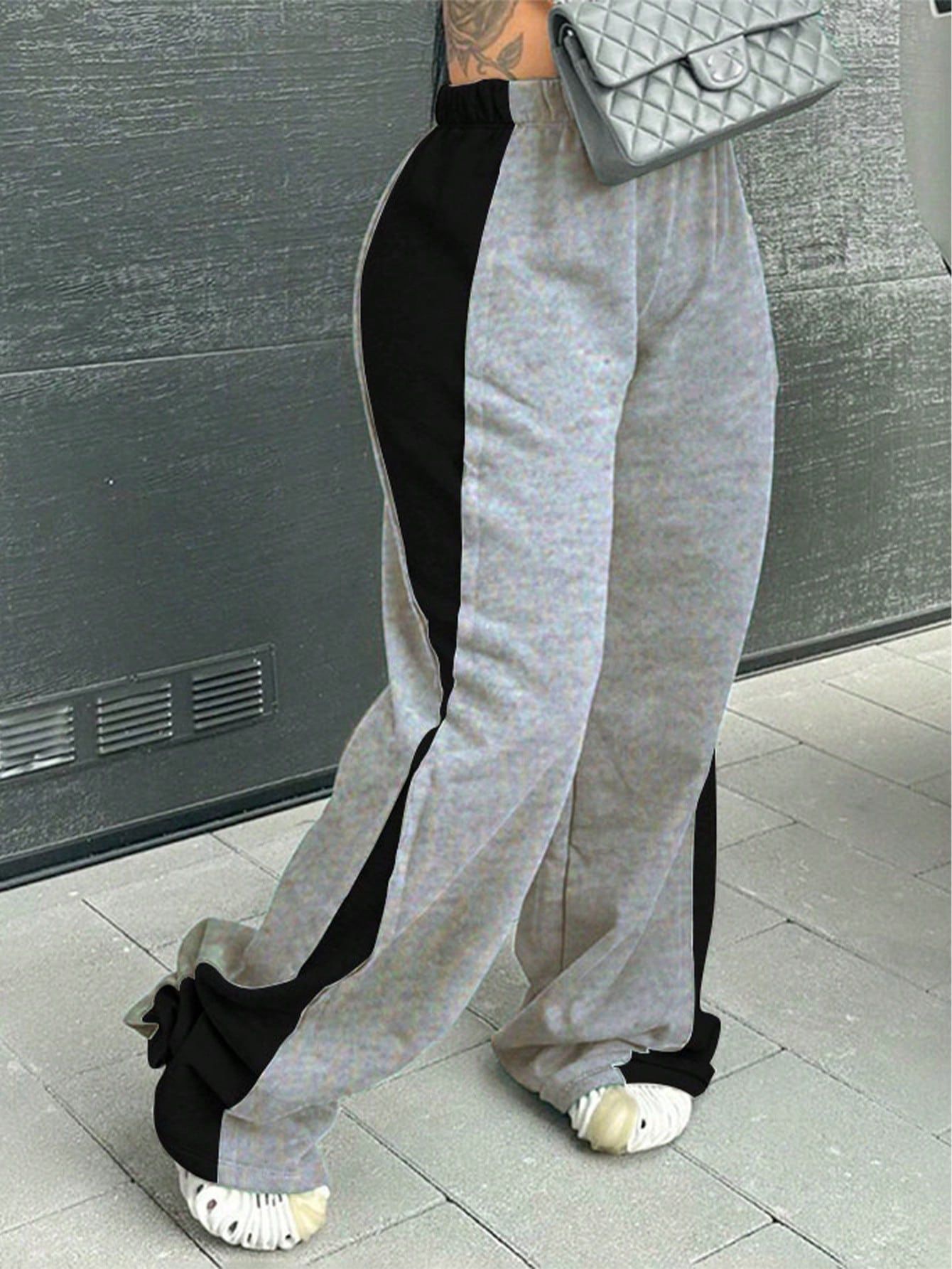 Color Blocked Elastic Waist Straight Leg Wide Leg Sweatpants High Waist Comfortable Casual Sports Pants For Women