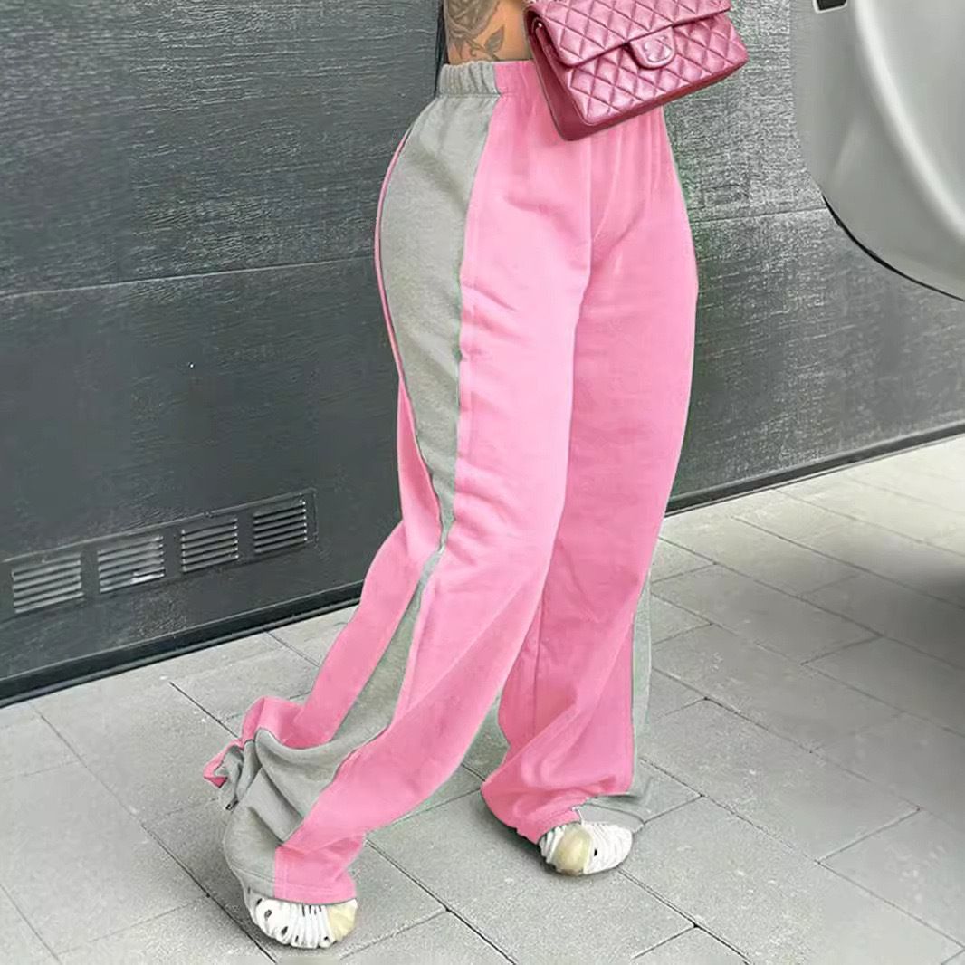 Color Blocked Elastic Waist Straight Leg Wide Leg Sweatpants High Waist Comfortable Casual Sports Pants For Women