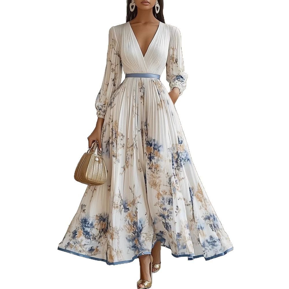 New Spring Summer Ladies Elegant Dress Sexy V-neck Print Long Sleeve Big Swing A-line Holiday Dress Women Maxi Dresses Clothing