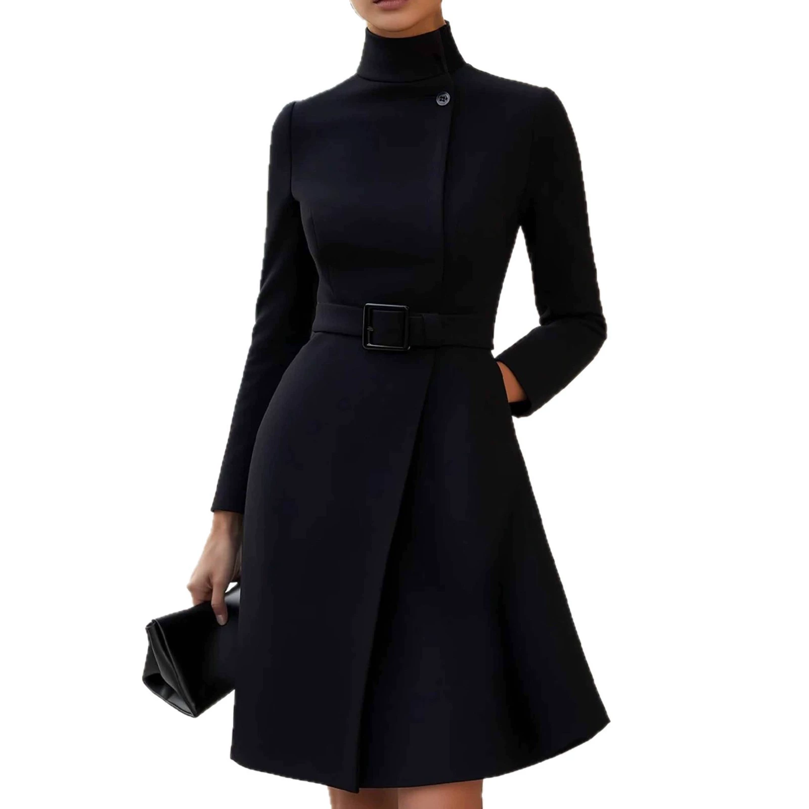 Autumn Winter Turtleneck Solid A-Line Dress Elegant Button High Waist Pocket Office Dress Woman Long Sleeve Casual Party Dresses