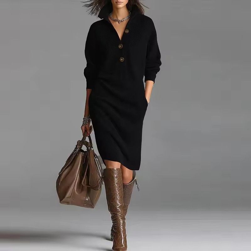 Fashion Knitted Dress Women's Autumn Winter New Straight Midi Length Sweater Dresses For Women Casual Long Sleeve Office Dress