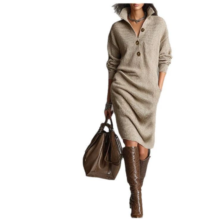 Fashion Knitted Dress Women's Autumn Winter New Straight Midi Length Sweater Dresses For Women Casual Long Sleeve Office Dress