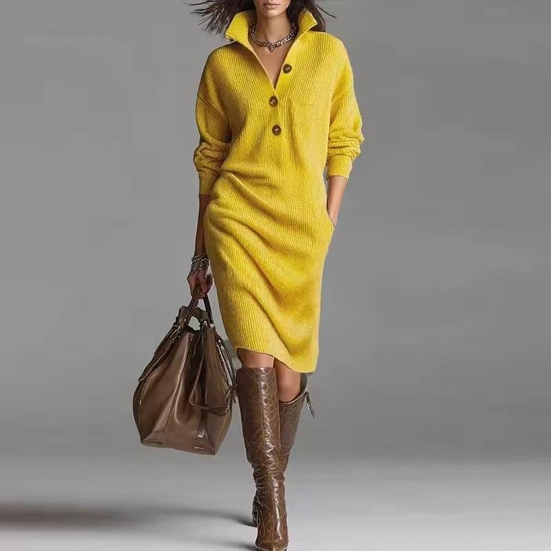 Fashion Knitted Dress Women's Autumn Winter New Straight Midi Length Sweater Dresses For Women Casual Long Sleeve Office Dress