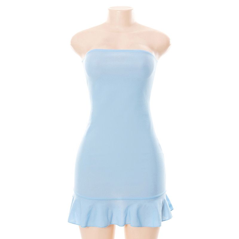 Off Shoulder Pleated Summer Mini Dress Solid Blue High Waist Strapless Bodycon Sexi Club Dress Hot Women Clothing Sleeveless