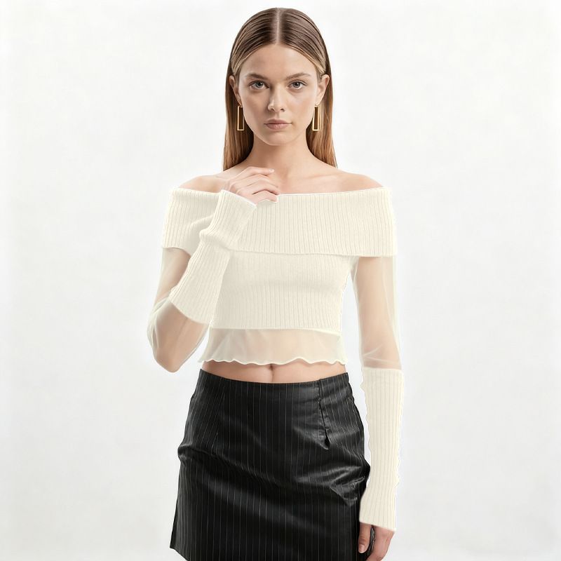 Street Style Spicy Girl Pure Color Mesh Splice One Shoulder Long Sleeve Short Top Women's Fashion Autumn New Arrival T-shirt