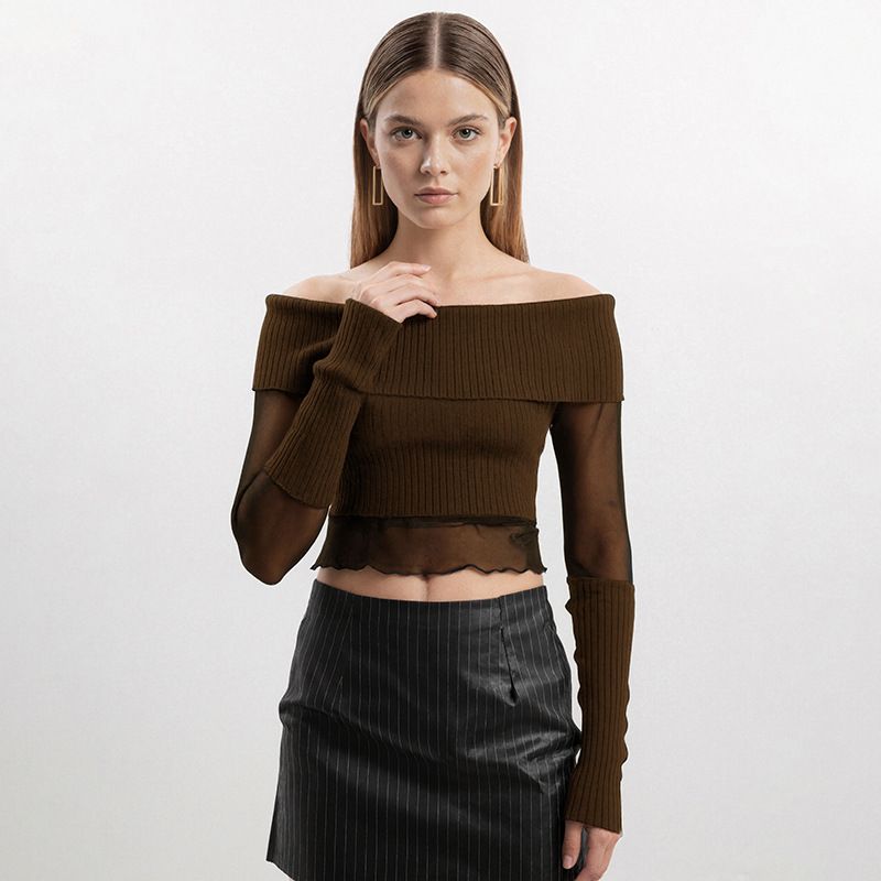 Street Style Spicy Girl Pure Color Mesh Splice One Shoulder Long Sleeve Short Top Women's Fashion Autumn New Arrival T-shirt