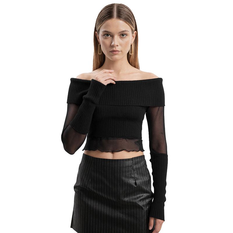 Street Style Spicy Girl Pure Color Mesh Splice One Shoulder Long Sleeve Short Top Women's Fashion Autumn New Arrival T-shirt