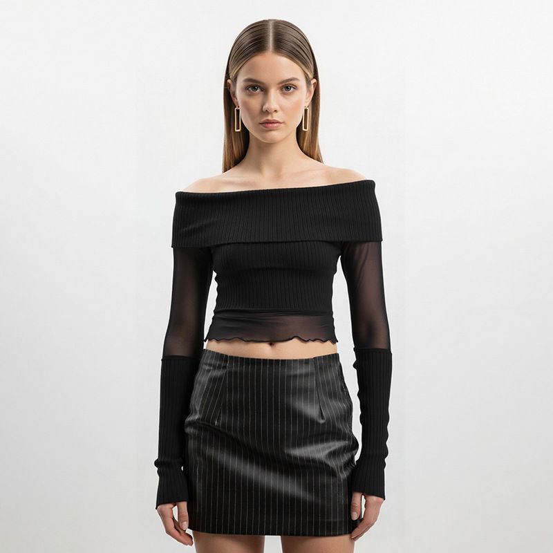 Street Style Spicy Girl Pure Color Mesh Splice One Shoulder Long Sleeve Short Top Women's Fashion Autumn New Arrival T-shirt