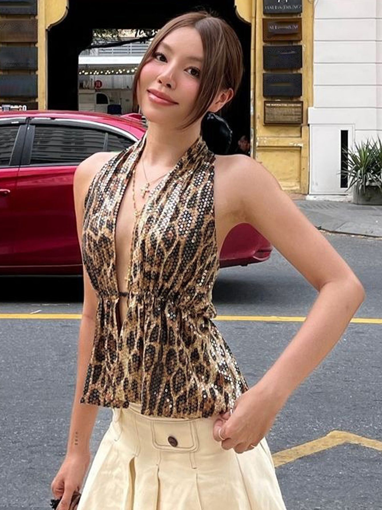 Vintage Y2K Leopard Print Sequins Halter Tank Crop Tops Women Fashion Sexy Deep V-neck Sleeveless Lace Up Backless Clubwear