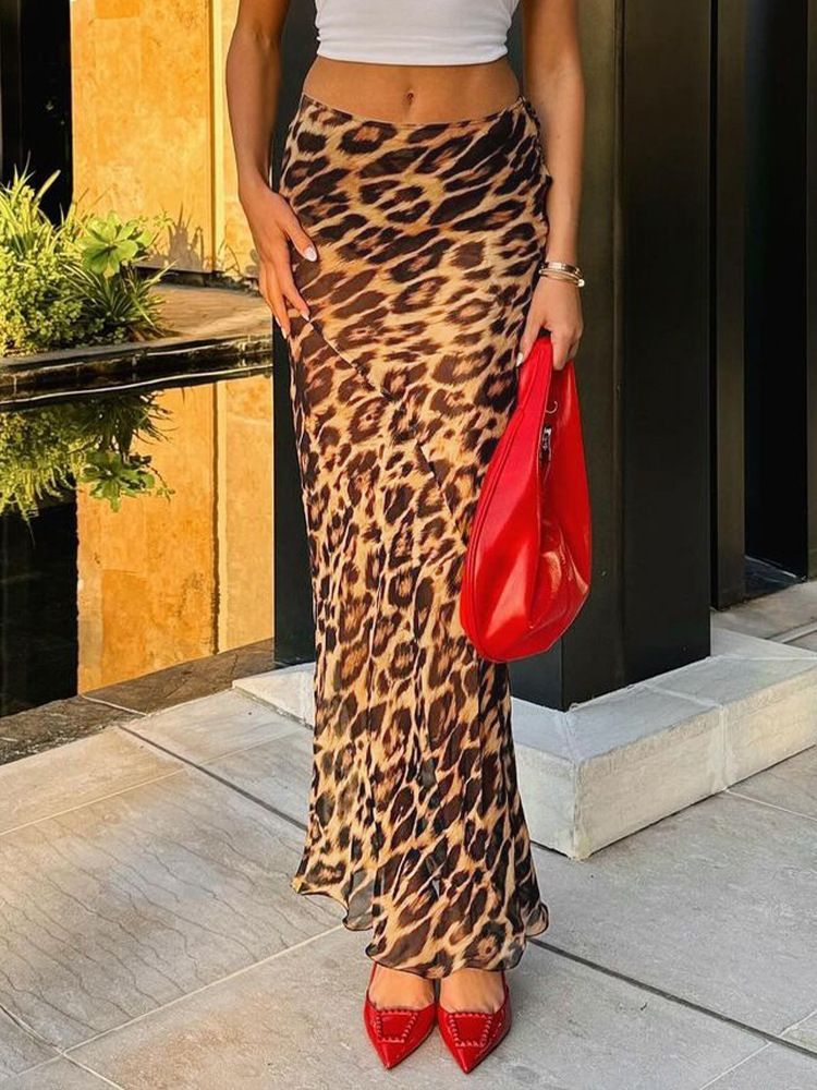 Print Leopard See Through Chiffon Women Skirt High Waist Long Skirt Female Summer Skinny Elegant Party Beachwear