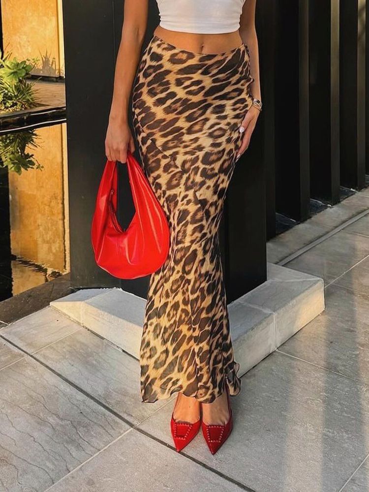 Print Leopard See Through Chiffon Women Skirt High Waist Long Skirt Female Summer Skinny Elegant Party Beachwear